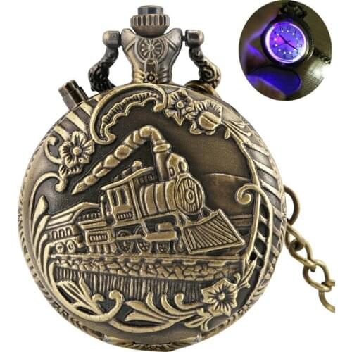 Bronze Silver Gold LED Clock Locomotive Railway Men Women Quartz Analog Pocket Watch Arabic Numerals Display Pendant Chain Gift