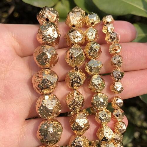Faceted Light Gold Plated Volcanic Stone Bead Natural Lava Mineral Loose Beads for Jewerly Making DIY Bracelets 15inch 6-12mm