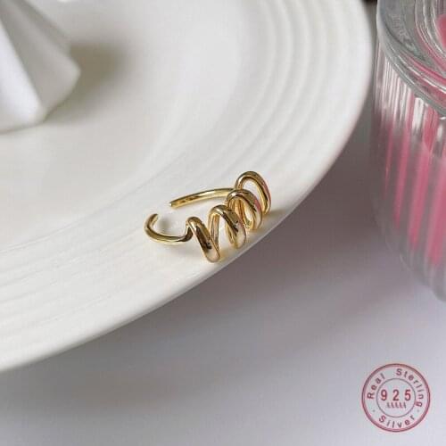 HI MAN 925 Sterling Silver Fashion Texture Spiral Curve Twist Adjustable Ring Women Fashion Temperament Gift Jewelry