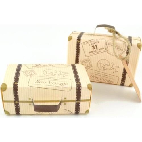 Mini Suitcase Candy Box Vintage Kraft Paper Boxes with Tags and Rope Travel Themed Wedding Party Favor LX9187