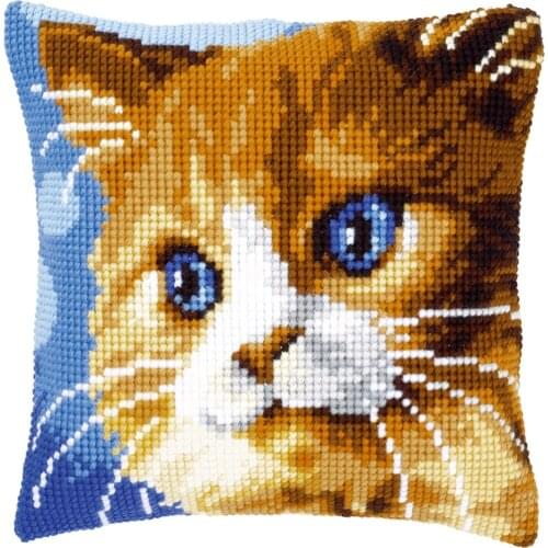 DIY Cross Stitch Cushion Cover Brown Cat Needlepoint Kits Printed Canvas Chunky Yarn Cross-stitch Pillow Case Arts & Crafts