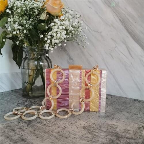 New Fashion Colorful Stripes Acrylic Handbags Evening Bags Women Messenger Bag Brand Clutch Purse Party Wallet Chain Bags