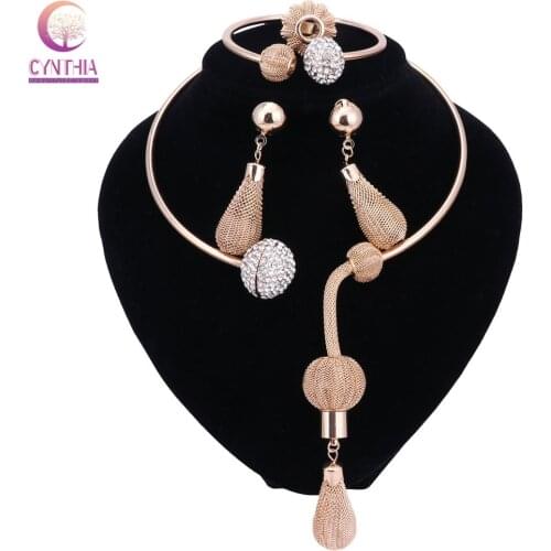 New Quality Fine Jewelry Sets For Women Wedding Accessories African Beads Party Gift Gold-color Crystal Necklace Earrings Bangle