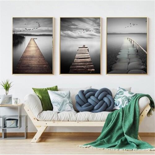 Lonely Artistic Conception Theme Wall Painting Lake View Wooden Bridge Silent Bird Frameless Printing Canvas Home Decor Poster