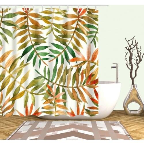 Orange with Red Leaves White Shower Curtain Set with 12 Hooks Natural Plants Bathroom Decoration Washable Polyester Fabric