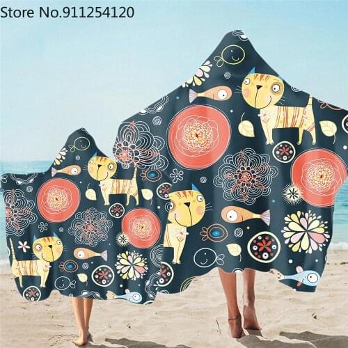 Cute Cartoon Printed Beach Hooded Towel For Adult Kid Absorbent Microfiber Poncho Bath Towels Outdoor Surf Swimming Beachwear