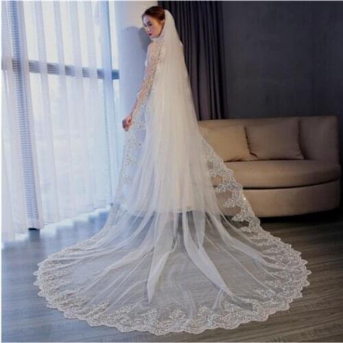 Luxury White/Ivory 3M Long Cathedral Wedding Lace Sequins Applique Tulle Bridal Long Head Veil With Comb