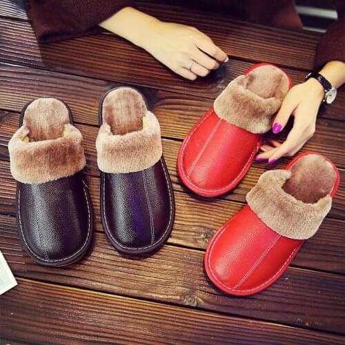 Womans Genuine Leather Winter Indoor Slippers Super Warm Anti-Skip Couples Home Shoes Comfortable Casual Shoes