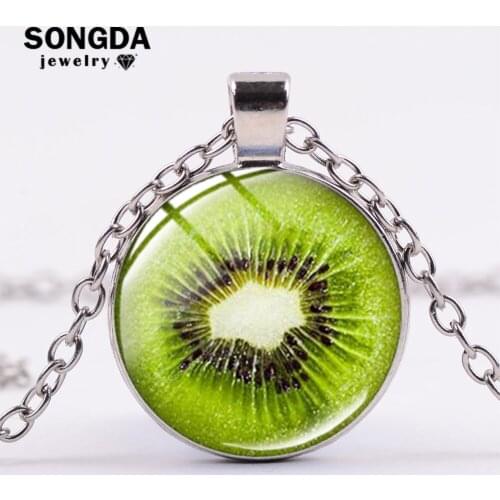 SONGDA Lifelike Kiwi Lemon Orange Multicolor Fruit Necklace Transparent Glass Dome Pendant Necklace for Women Girl Daily Jewelry