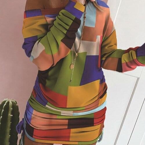 Sexy Off Shoulder Drwastring Ruched Long Sleeve Sweatshirt Dress Geometric Pattern Ladies Elegant Dress for Autumn and Winter