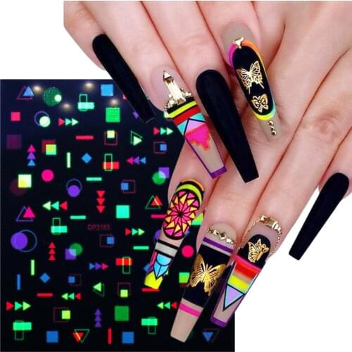 1Pcs Fluorescent Decal Sticker Manicures Decoration Neon Geometric Stars Pattern Adhesive Transfer Nail Slider LADP3181-3192