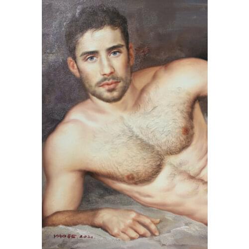 100%Handmade Hand-painted Artwork Nude male original oil painting on canvas portrait men signed 24x36"