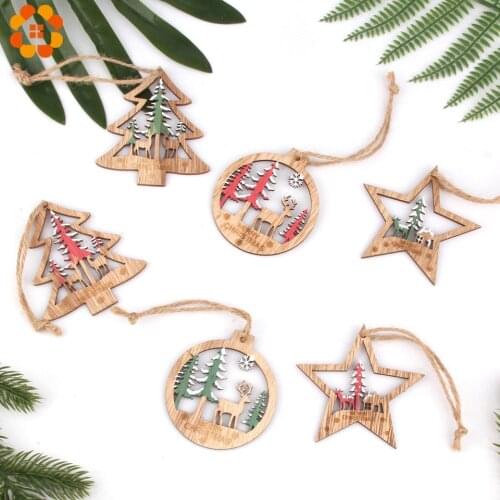 6PCS/Lot Vintage Printed Christmas Star/Tree/Ball Wooden Pendants Ornaments Wood Crafts Christmas Tree Ornaments Decorations