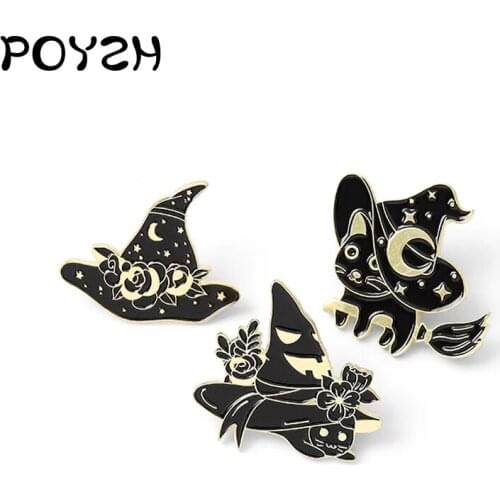 Black magic Animal Brooch witchs cat flying on broomstick Enamel Lapel Pin Wizard Hat night Jewelry badge for Halloween