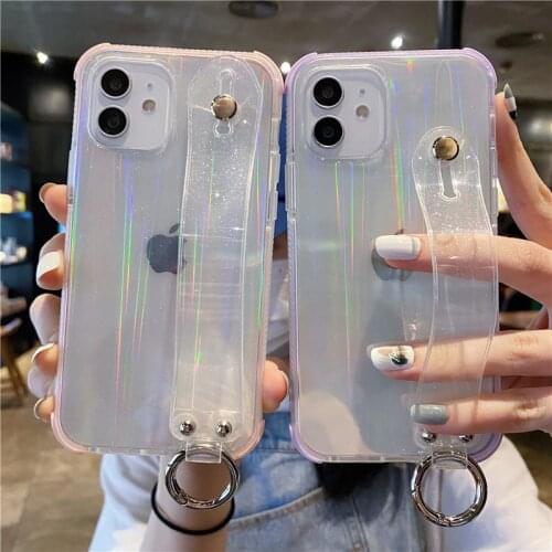 Wrist Strap Laser Phone Case For iPhone 12 11 Pro Max XR XS Max X 7 8 Plus 12 Mini Shining Glitter Transparent Soft Back Cover