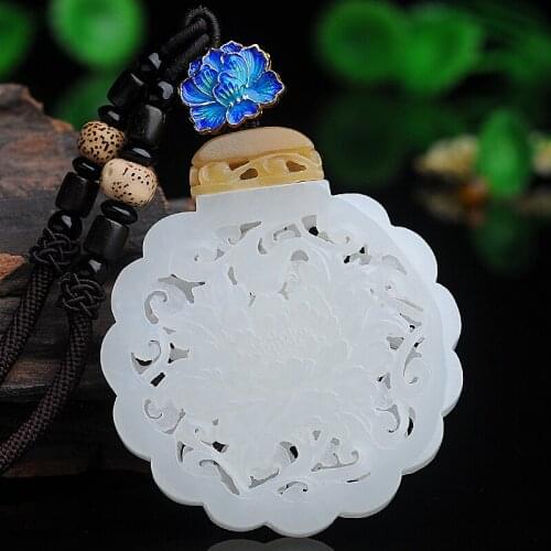 Hetian jade flower openrich peony flower pendant womens jade pendant hollow jade pendant jade pendant