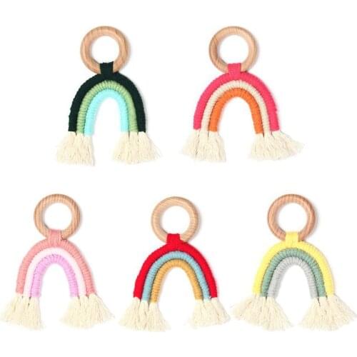 Baby Teething Wooden Ring Rainbow Tassel Macrame Cotton Boho Newborn Nursing Teether Toy Shower Gift