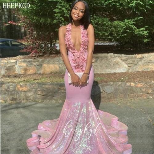 Long Pink Backless Sexy African Prom Dresses With Appliques Glitter Mermaid Black Girls Graduation Dress Customize Party Gowns