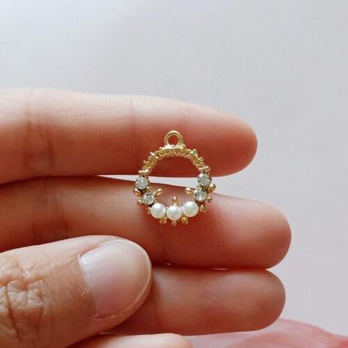 10pcs Gold Color Round Pearl Rhinestone Ring Alloy Charms Pendants Fit Earring Necklace Hair Dangle DIY Jewelry Accessory FX260