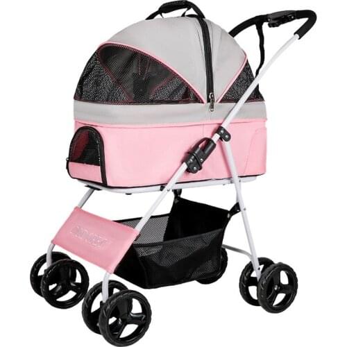 Pet Stroller 4 Wheels Foldable Traveling Lightweight Carriage for Small Medium Size Dogs & Cats Rabbit with Storage Basket