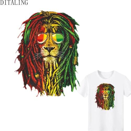 Colourful Lion Patch On Clothing DIY Men T-Shirt Tops Iron On Decals Heat Transfer Patch Sunglass Animals Sticker Male Appliqeud