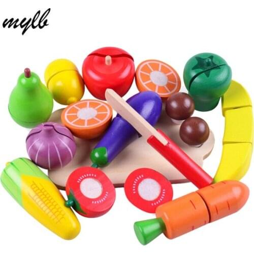 Mylb Wooden Cutting Vegetables and Fruits Educational Simulation Food Pretend Play Set Baby Kitchen Toys for Preschool Children