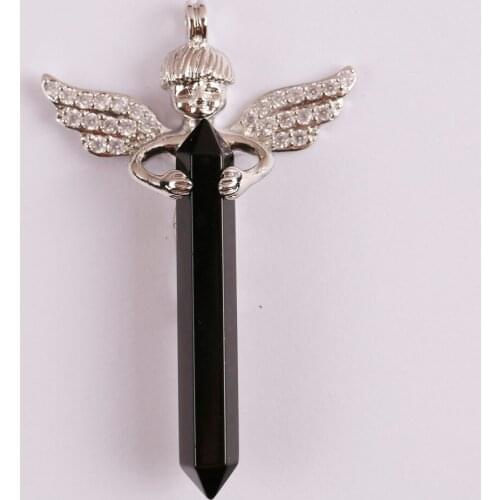 Natural Black Carnelian Stone Bead GEM Pendant Lucky Angel Jewelry S3020