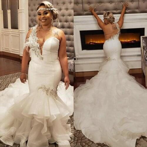 Plus Size Mermaid Wedding Dresses Lace Appliqued Cascading Ruffles South African Lace Backless Bridal Gowns