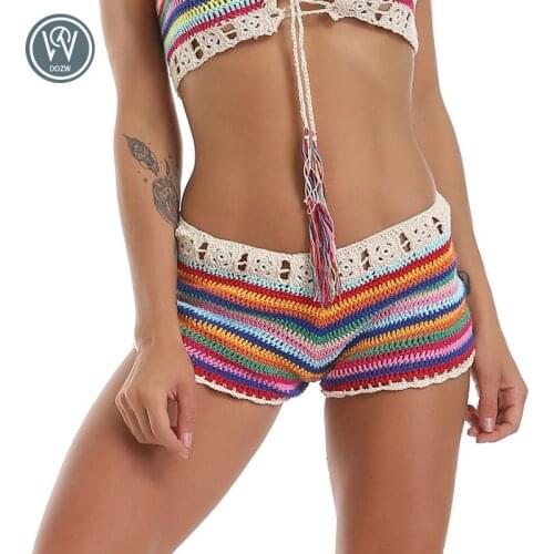 Mixed Colorful Stripe Knitted Crochet Shorts Women Fashion 2020 Summer Elastic Low Waist Shorts Beach Tight Shorts Bottom