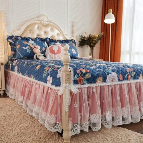 Luxury Korean Floral Princess 100% Cotton Quilted Lace Ruffle Bed Skirt Mattress Cover Bed Cover Bedspread Pillowcases 1/3Pcs
