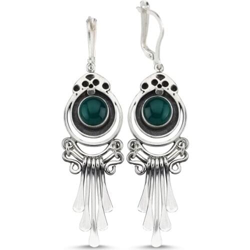 Silverlina Silver Green Agate Gemstone Dangle Hand Handwork Earrings