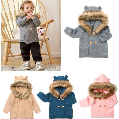 Toddler Boys Girls Sweater Coat Outwear Fur Hooded Infant Kids Autumn Winter Warm Fashion Children Knit Clothes Outwear