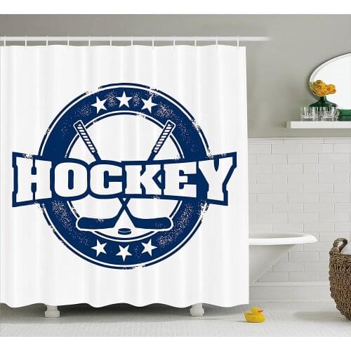 Hockey Shower Curtain Weathered Looking Vintage Stamp Composition Text Sticks and Stars in Circle Bath Curtains For Bathroom