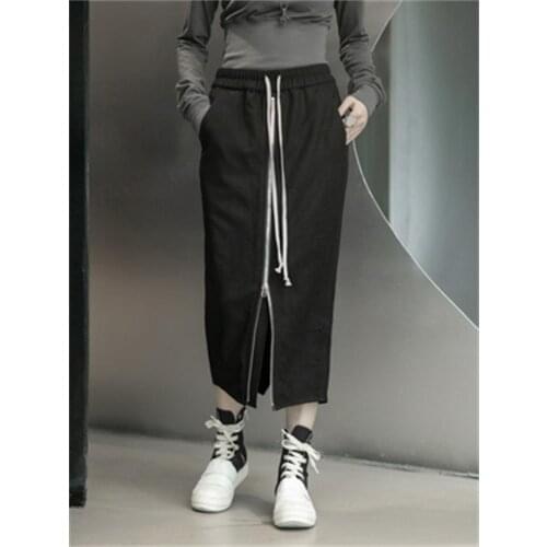 Autumn/winter womens new solid color elastic waist white ribbon zipper design front and back split slim skirt
