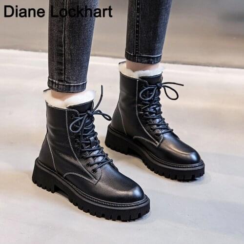Women Winter Snow Boots Warm Platform Lace Up Ladies Womens Shoes New Plush Leather Flat Ankle Boots Female Motorcycle Boot
