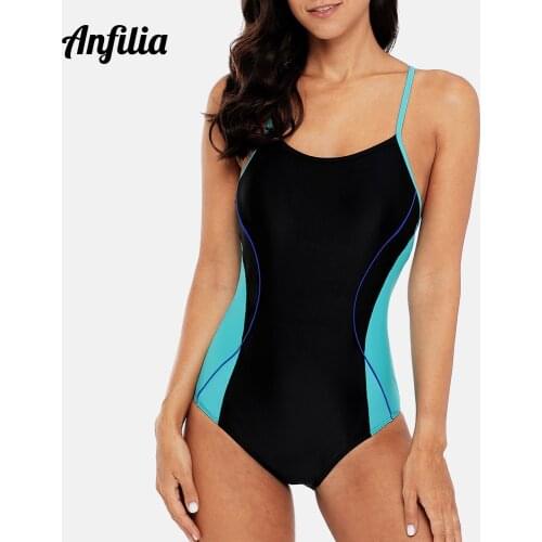 Anfilia Women One Piece Sports Swimsuit Sports Swimwear Colorblock Monokini Training Bathing Suit Fitness Bodysuit Swimming