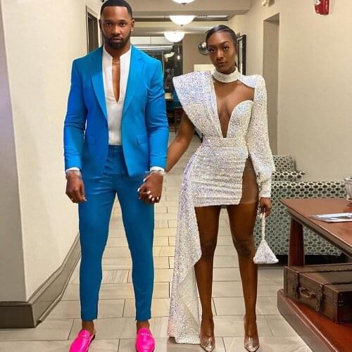 Long Sleeve High Neck Evening Dress 2021 Asymmetrical African Black Girls Sequin Short Prom Gowns Gorgeous Split robes de soirée