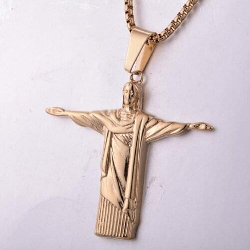 Gold Color Stainless Steel Cristo Redentor Rio Brazil Christ Redeemer Statue Jewelry Jesus Necklaces Figure Cross