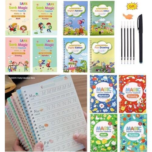 4 Books/Sets of Magic Exercise Book, Reusable Children’s Toys To Write English Numbers and Letters Montessori 3D Calligraphy
