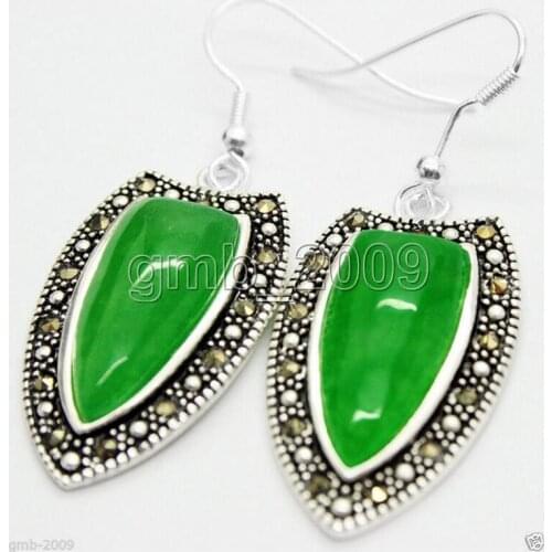 Free Shipping 18*30mm Natural green stone Marcasite 925 Sterling A Drop Earrings