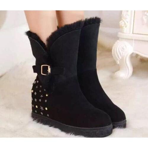 Winter New Girls Black Pink 80 mm Hidden Wedge Ankle Boots Round Toe Height Increasing Rives Fur Snow Boots Woman Shoes