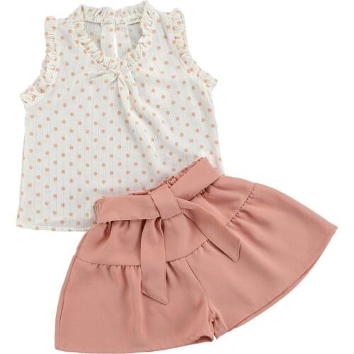 FOCUSNORM 2-7Y Princess Kids Girls Summer Clothes Sets Polka Dot Printed Ruffles Sleeveless Tops Solid Shorts 2pcs