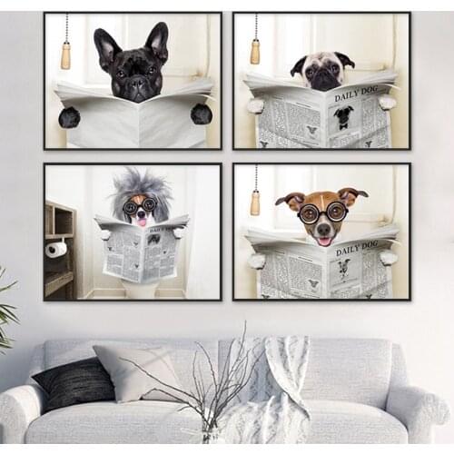 Funny Dog Canvas Painting Doggy Reading Newspaper Toilet Wall Art Dachshund Bulldog Decoration Pictures Prints Poster Home Decor