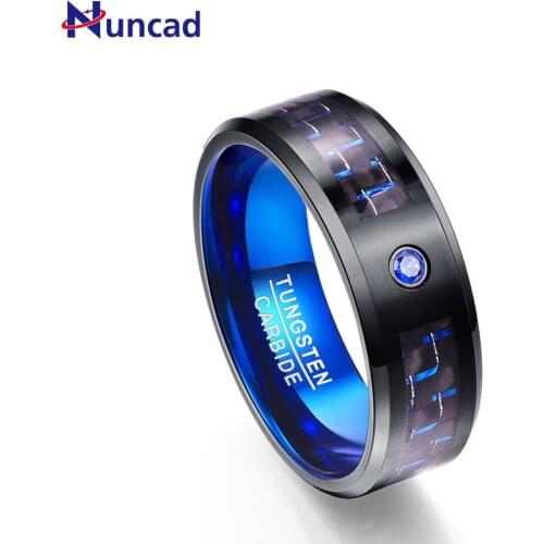 NUNCAD Mens 8mm Black Tungsten Carbide Ring Blue Carbon Fiber Polished Finish Comfort Fit Tungsten Steel Ring Size 6-15