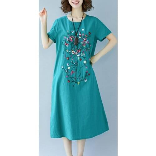 2020 New Large Size Womens Clothes Summer Loose Embroidered Cotton and Linen retro National style Midi Dress Vestidos V717