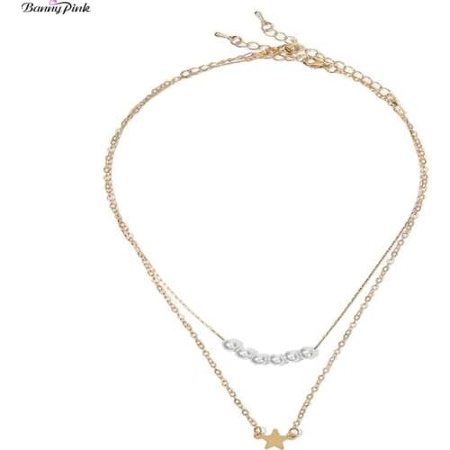 Banny Pink Cute Metal Star White Pearl Statement Choker Necklace For Women Simple layer Clavicle Chain Choker Collar Colliers
