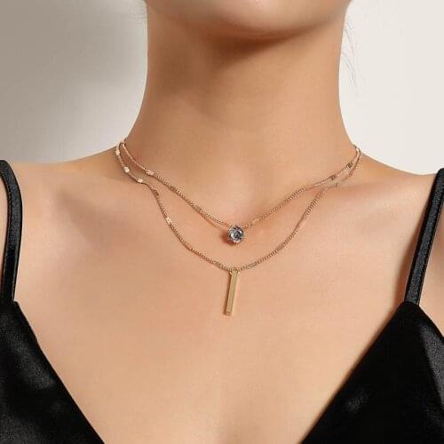 Simple Vintage Style Rhinestone Crystal Strip Pendant Necklaces for Women Elegant Double Layers Geometric Necklace Jewelry Gift