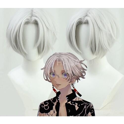 Anime Tokyo Revengers Tenjiku Izana Kurokawa Cosplay Wig Silver White Short Wig Heat Resistant Hair Wig Cap Izana Earrings Props