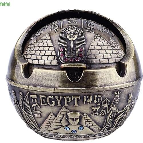 1Pc Ashtray with Lid Windproof Creative Metal Egypt Style Ashtray Desktop Decor Cigarette Butt Container for Home Cafe Office