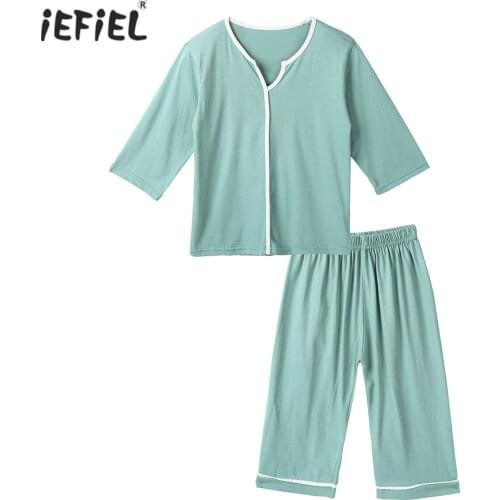 Summer Kids Sleepwear Cotton Pure Color T-shirt + Cropped Pants Boys Girls Pajamas Set Spring Casual Homewear Children Tracksuit